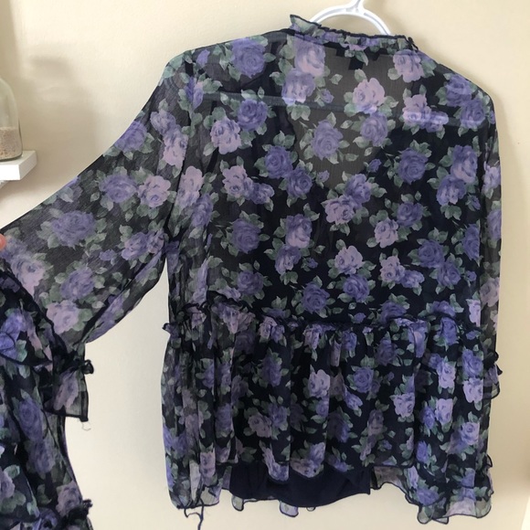 Floral printed shear blouse with a navy tank - Picture 4 of 4